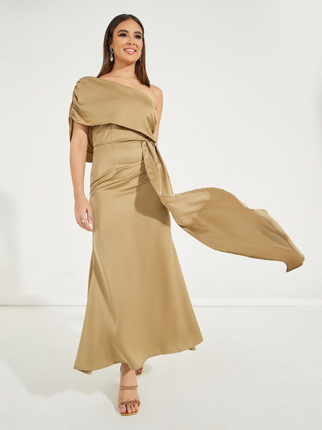 

Styli Women Solid One Shoulder Bodycon Maxi Dress, Gold