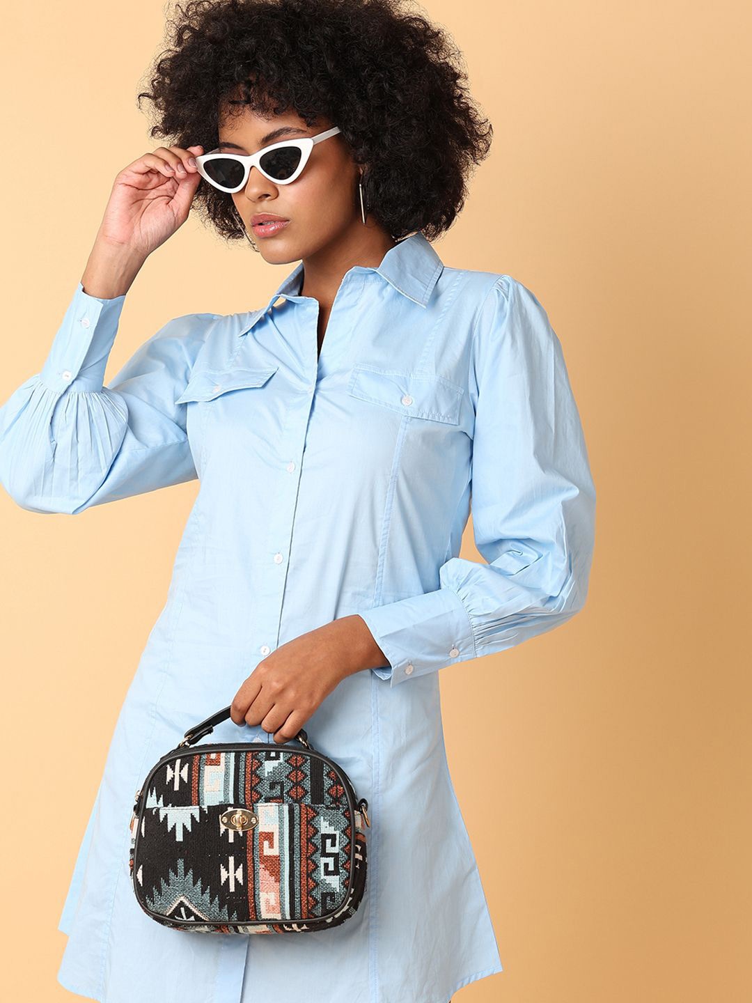 

UNLIMITED Bishop Sleeve Solid Mini Shirt Dress, Blue