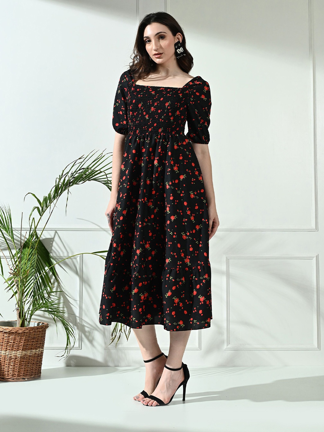 

IUGA Floral Puff Sleeve Smocked Crepe Fit & Flare Midi Dress, Black