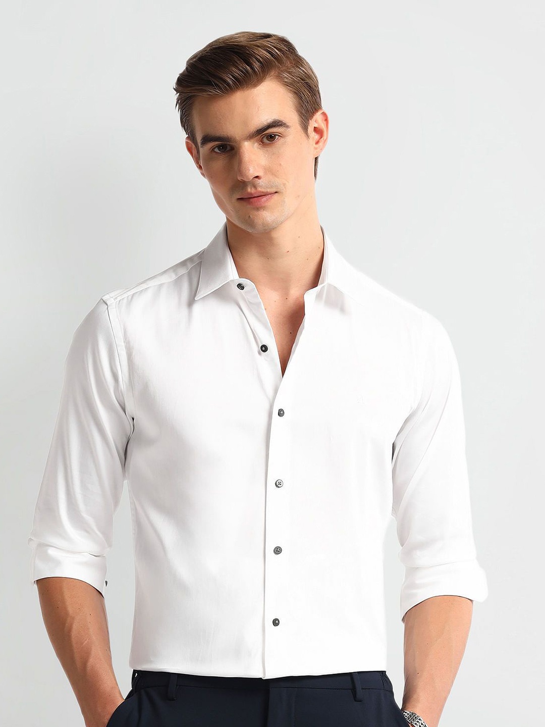 

Arrow New York Men Comfort Cutaway Collar Solid Cotton Slim Fit Formal Shirt, White