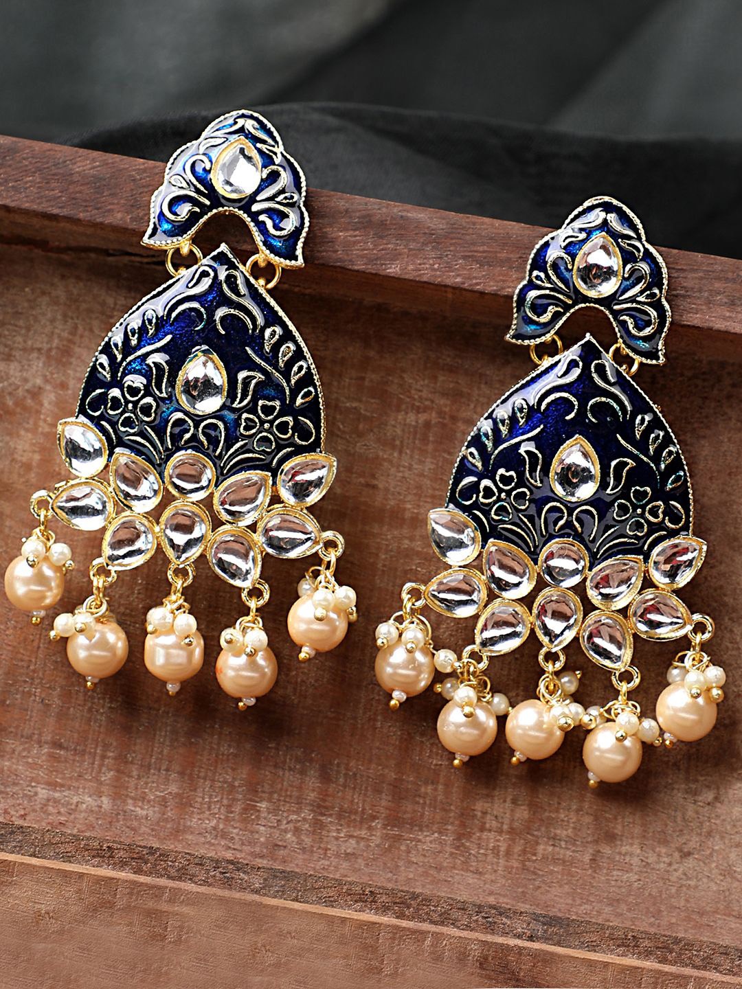 

MODE MANIA Gold Plated Contemporary Kundan & Pearl Studded Jhumkas, Blue