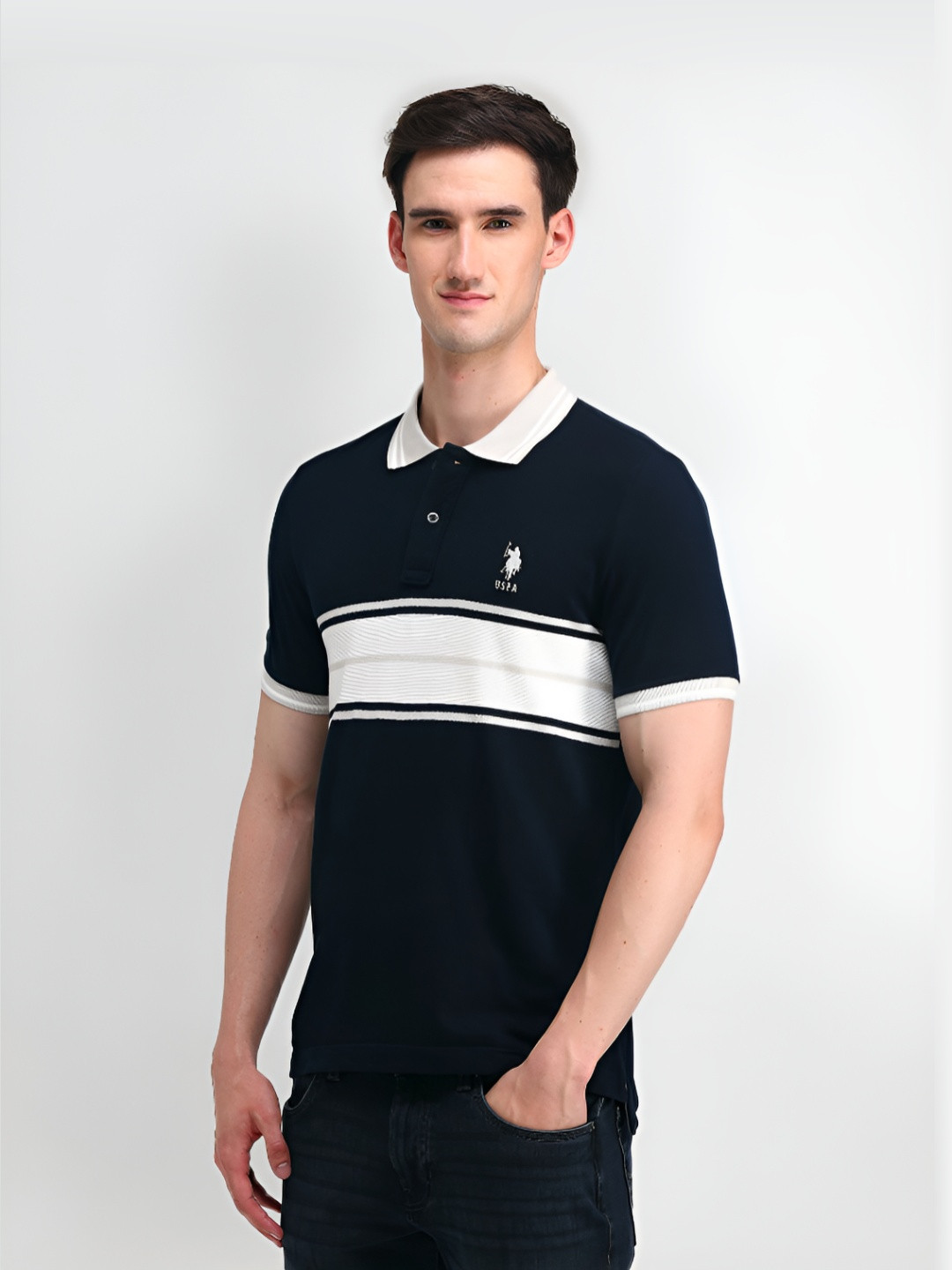 

U.S. Polo Assn. Denim Co. Men Colourblocked Polo Collar Cotton Slim Fit T-Shirt, Blue