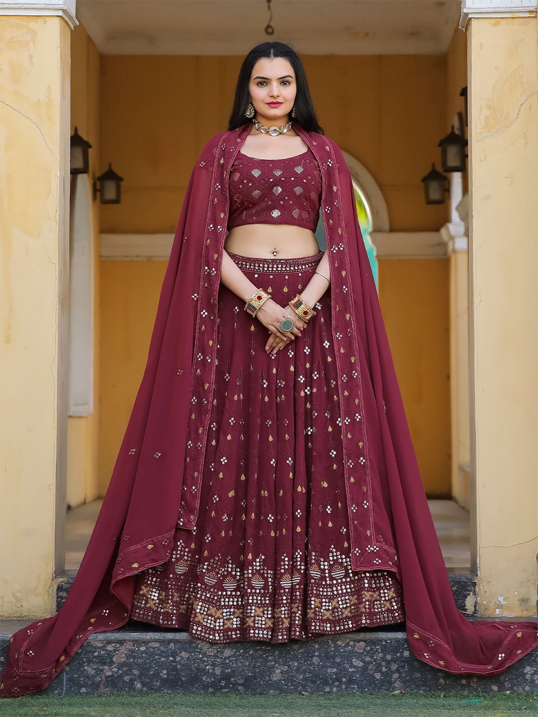 

ODETTE Embellished Sequinned Ready to Wear Lehenga & Unstitched Blouse With Dupatta, Purple