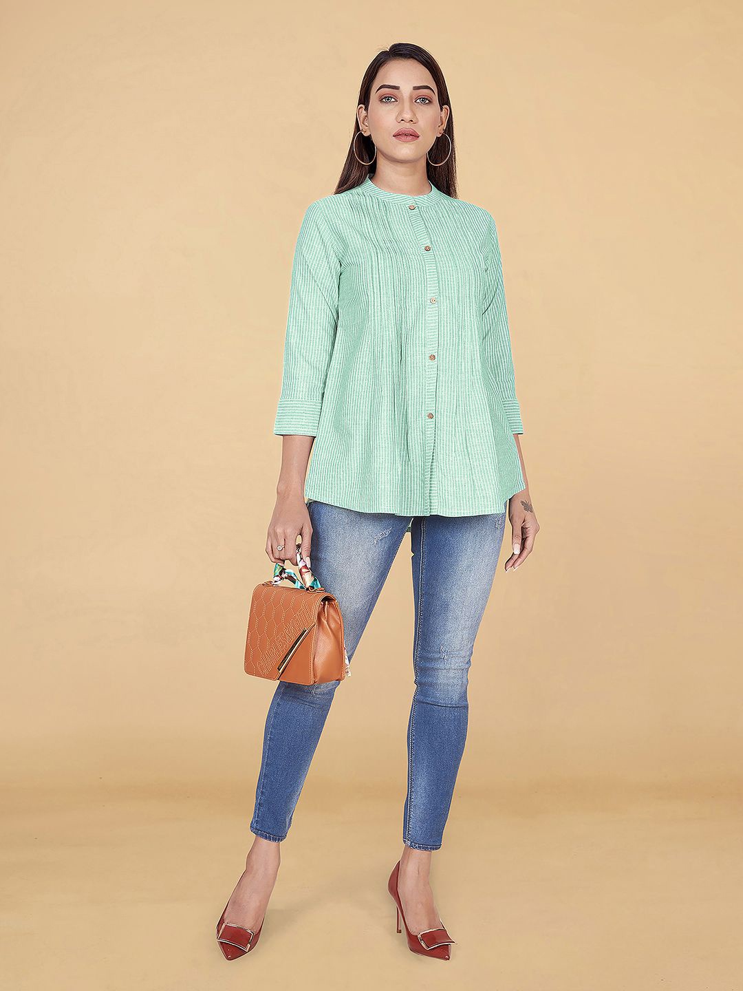 

BAESD Striped Mandarin Collar Cotton Top, Green