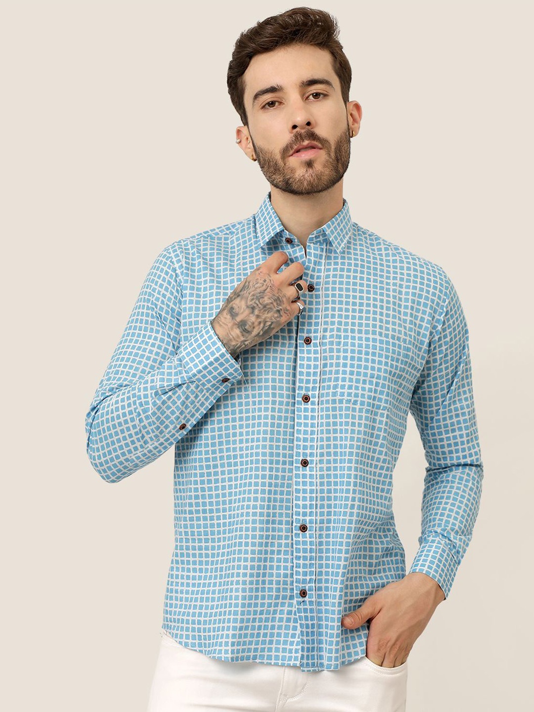 

SPS Men Relaxed Spread Collar Micro Checked Cotton Casual Shirt, Blue