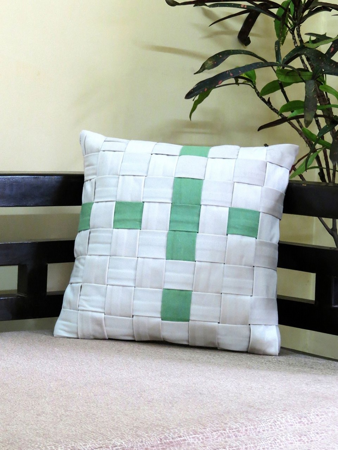 

Mid July Home Off White & Green Checked Velvet Square Cushion Covers