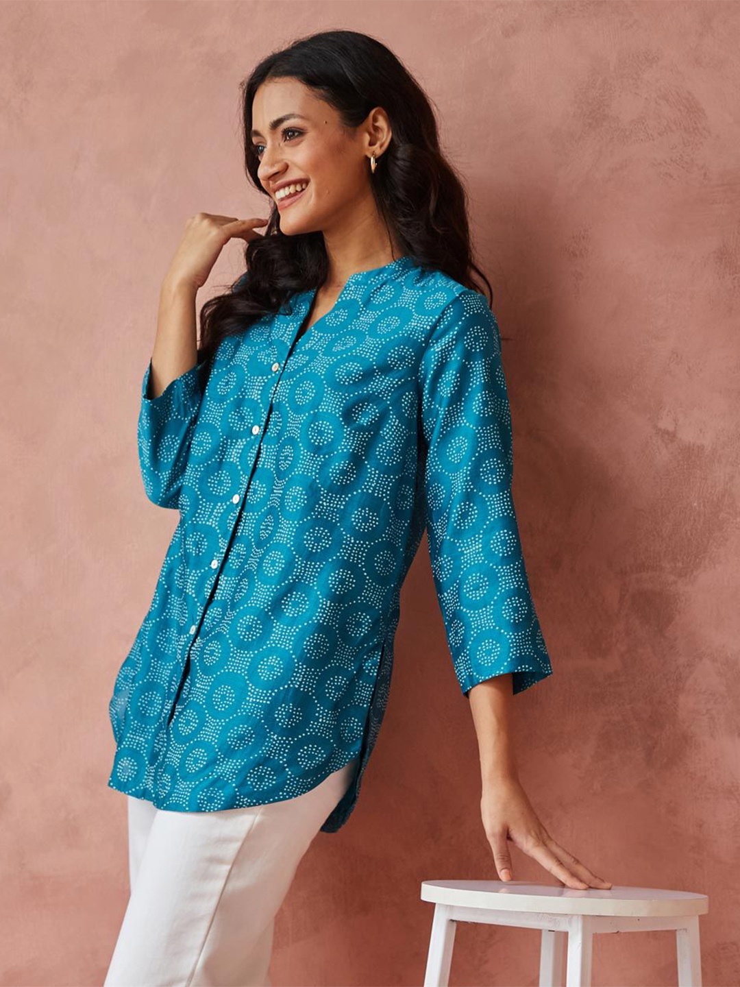 

Fabindia Mandarin Collar Printed Tunic, Blue