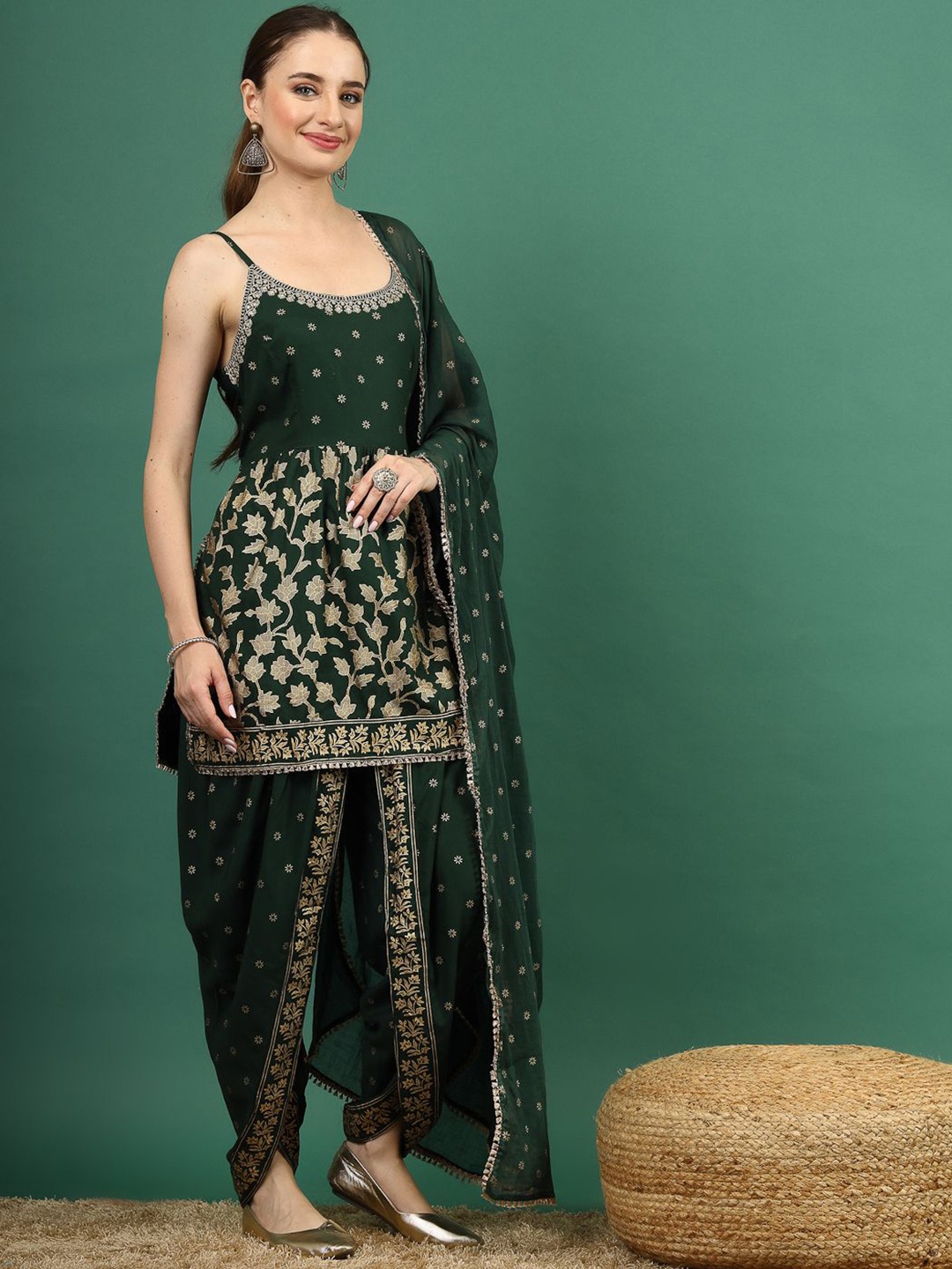 

Ramas Floral Embroidered A Line Kurta & Dhoti Pants With Dupatta, Green