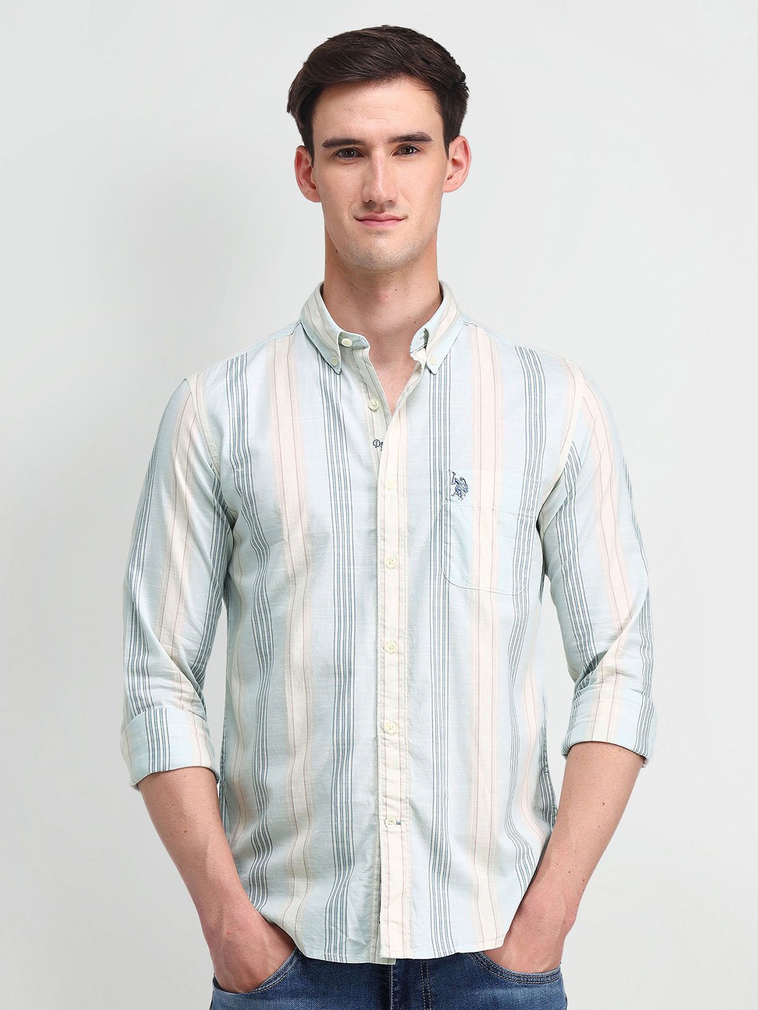 

U.S. Polo Assn. Denim Co. Men Comfort Striped Cotton Slim Fit Casual Shirt, Blue