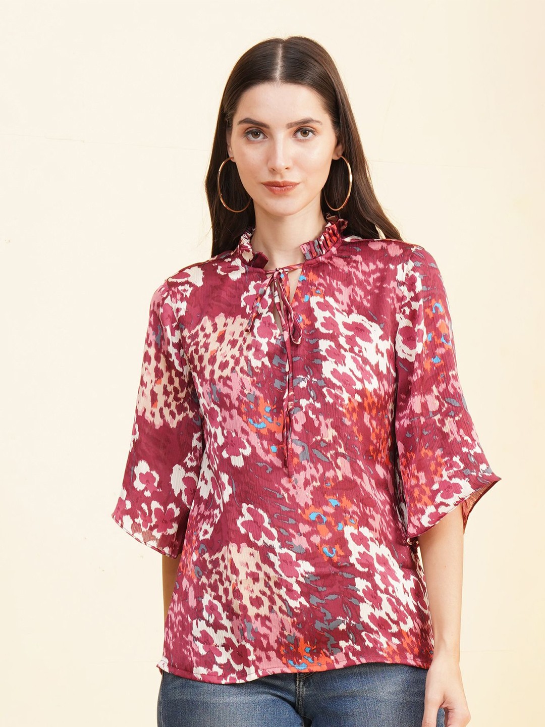 

Fbella Floral Print Tie-Up Neck Flared Sleeve Top, Maroon