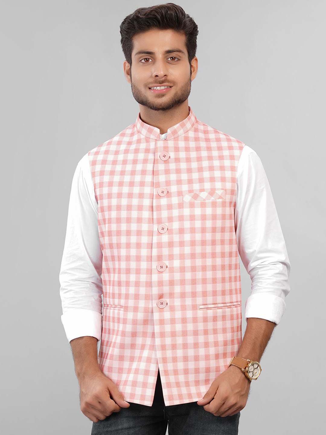 

LA'SCOOT Checked Printed Mandarin Collar Nehru Jacket, Pink