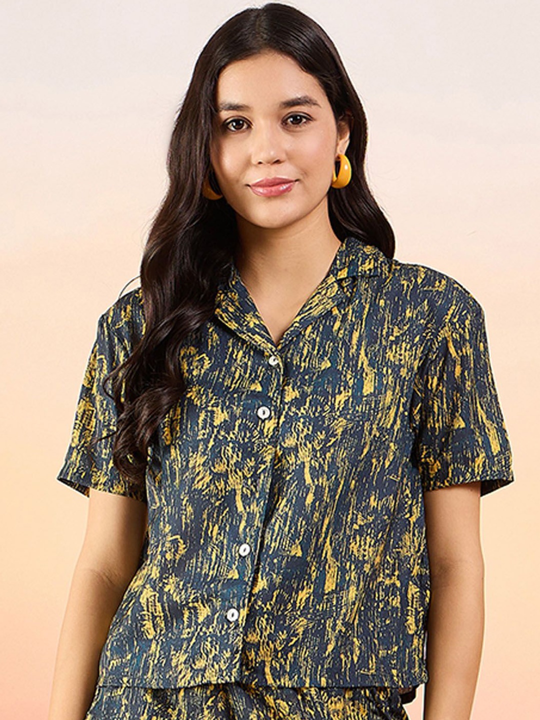 

Modeve Floral Print Shirt Style Crop Top, Navy blue