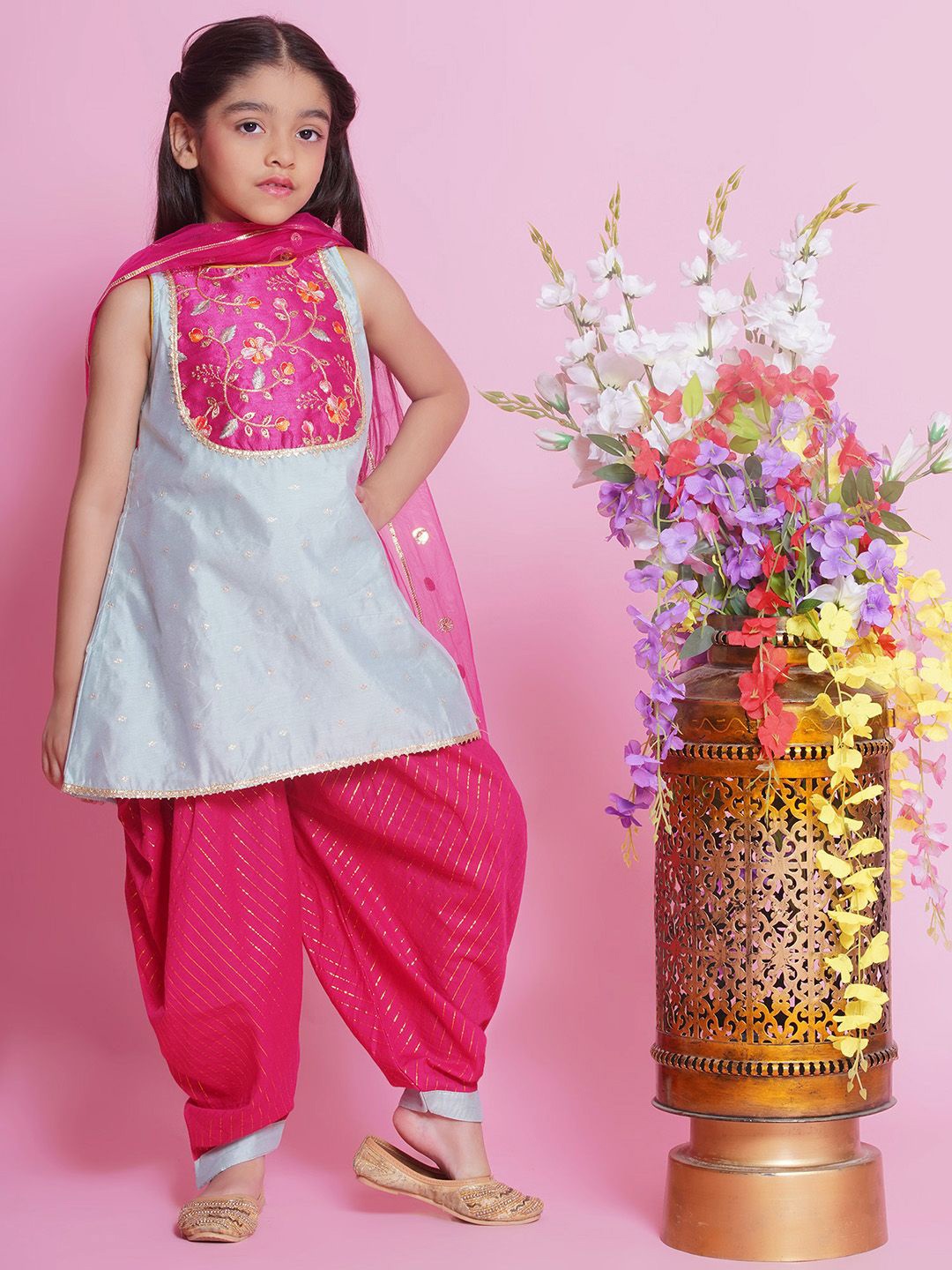 

Little Bansi Girls Floral Embroidered Cotton Silk Straight Kurta with Salwar & Dupatta, Green