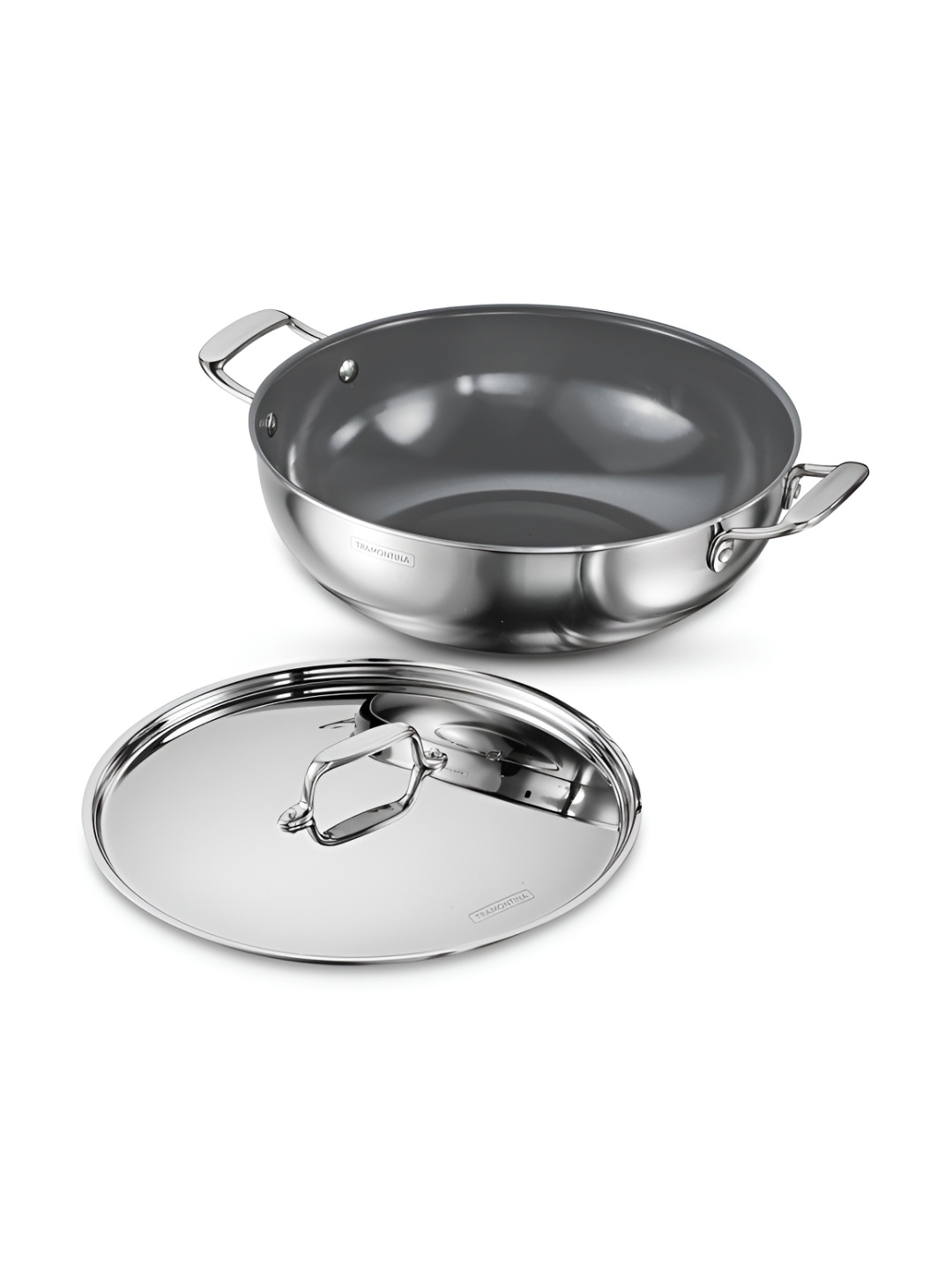 

Tramontina Fusao Silver Toned Ceramic Triply Stainless Steel Deep Kadai with Lid 2.3 L