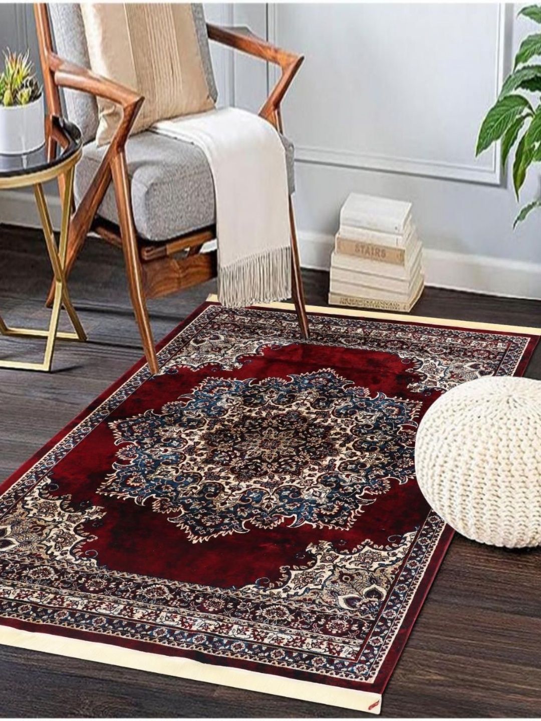 

MODEFE Maroon & White Floral Printed Anti Skid Carpet