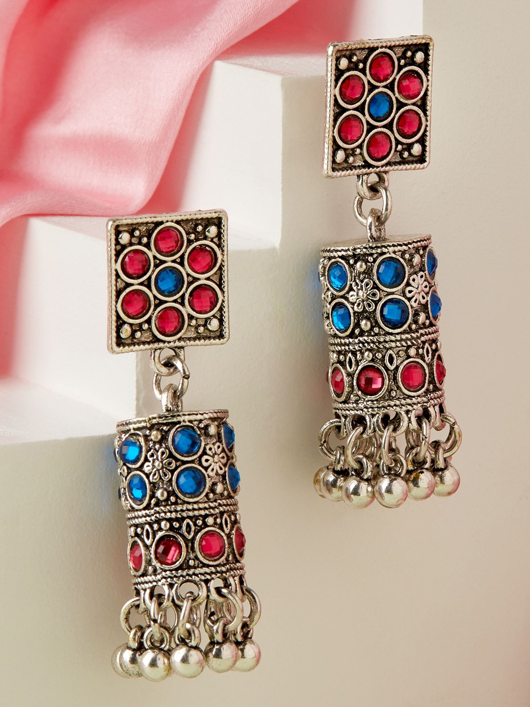 

Rubans Oxidized Silver-Plated Red and Blue StoneStudded Drop Earrings with Ghungroo Beads