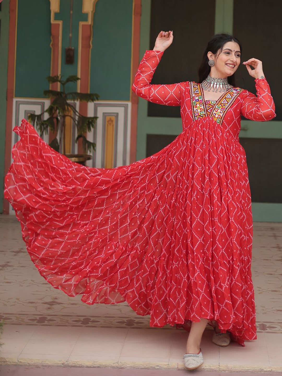 

KALINI Bhandini Printed V-Neck Georgette Fit And Flare Maxi Gown Dress, Orange