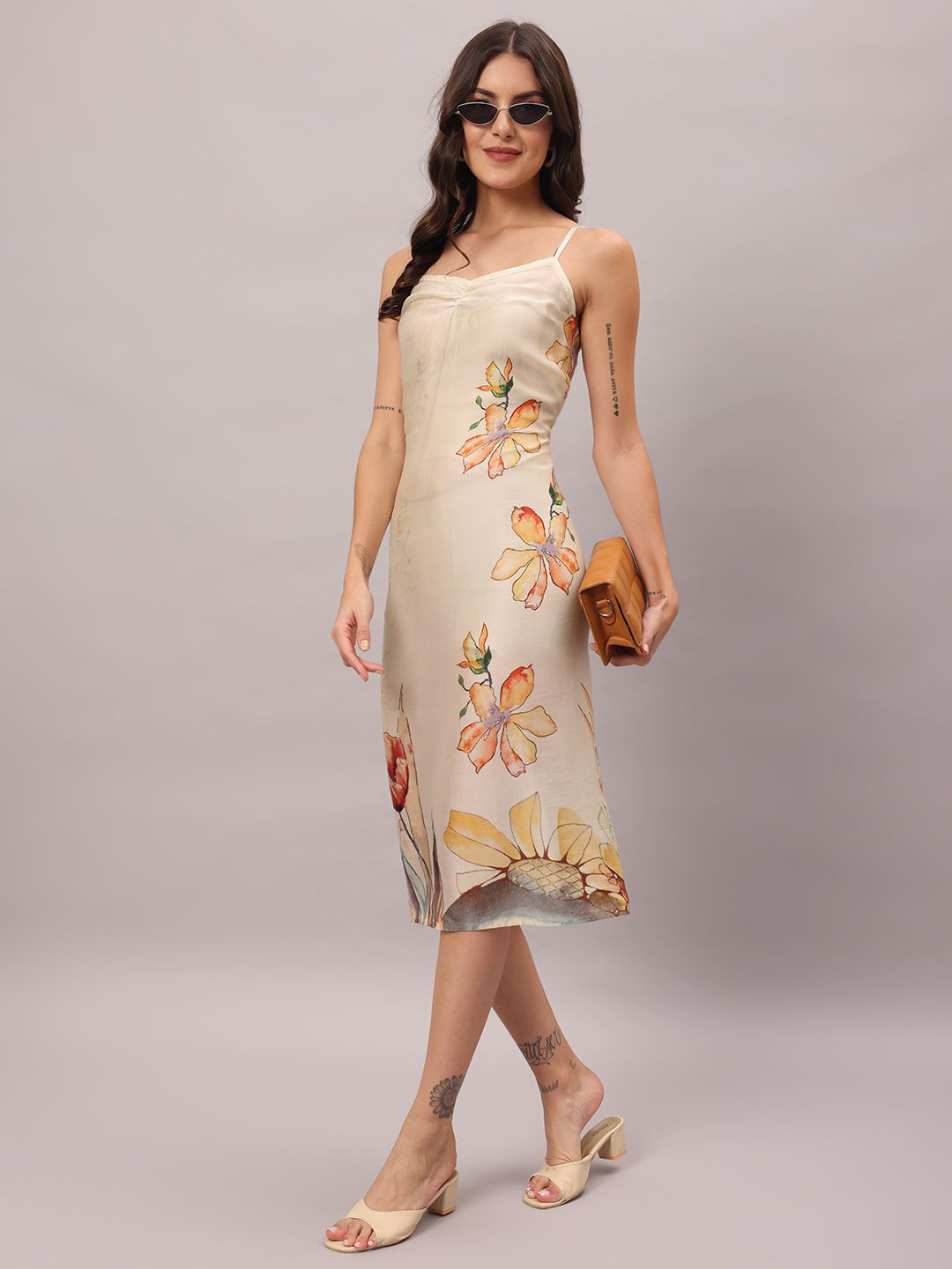 

BRIJAL LAD Floral Satin Midi Sheath Dress, Cream