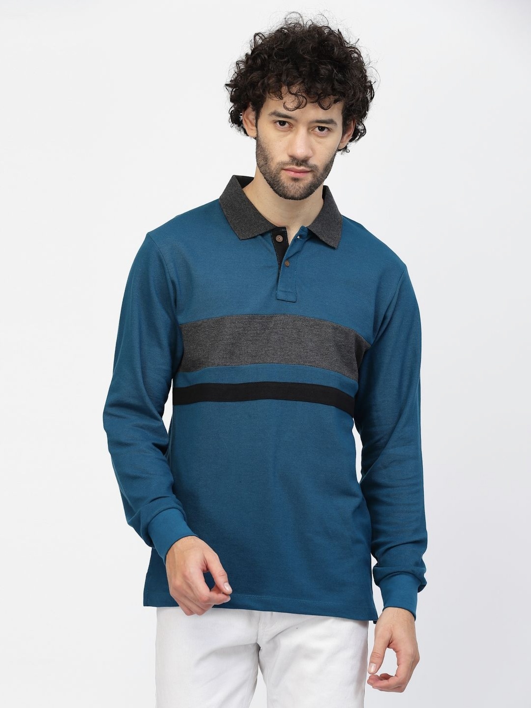 

Kalt Men Striped Polo Collar Cotton T-Shirt, Teal