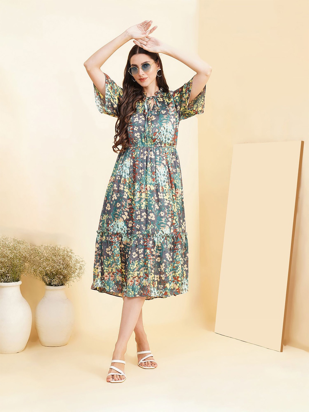 

Fbella Floral Printed Tie-Up Neck Fit & Flare Midi Dress, Green
