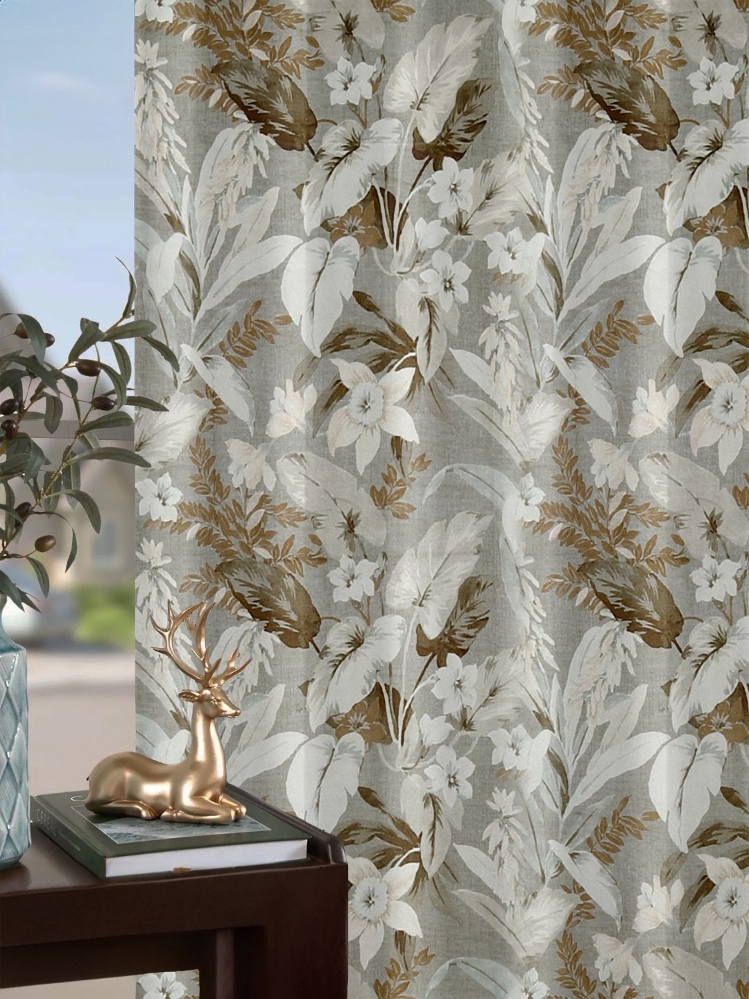 

Tesmare Grey and Brown Floral Velvet Room Darkening Door Curtain