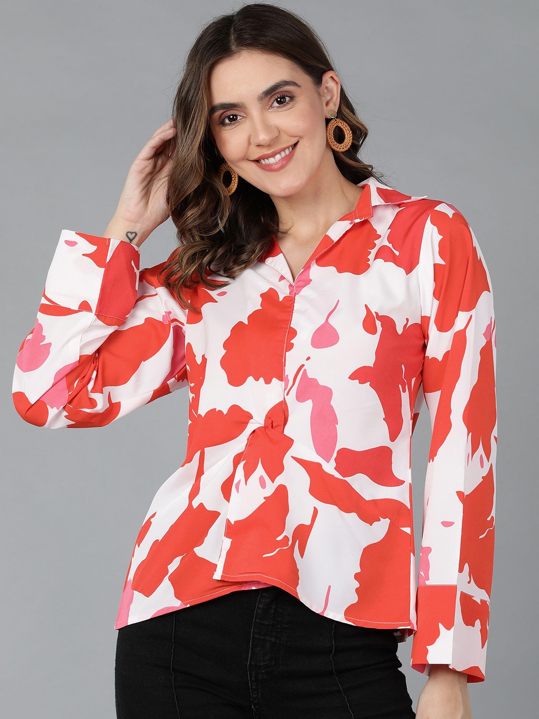 

Murcia Print Mandarin Collar Crepe Top, White