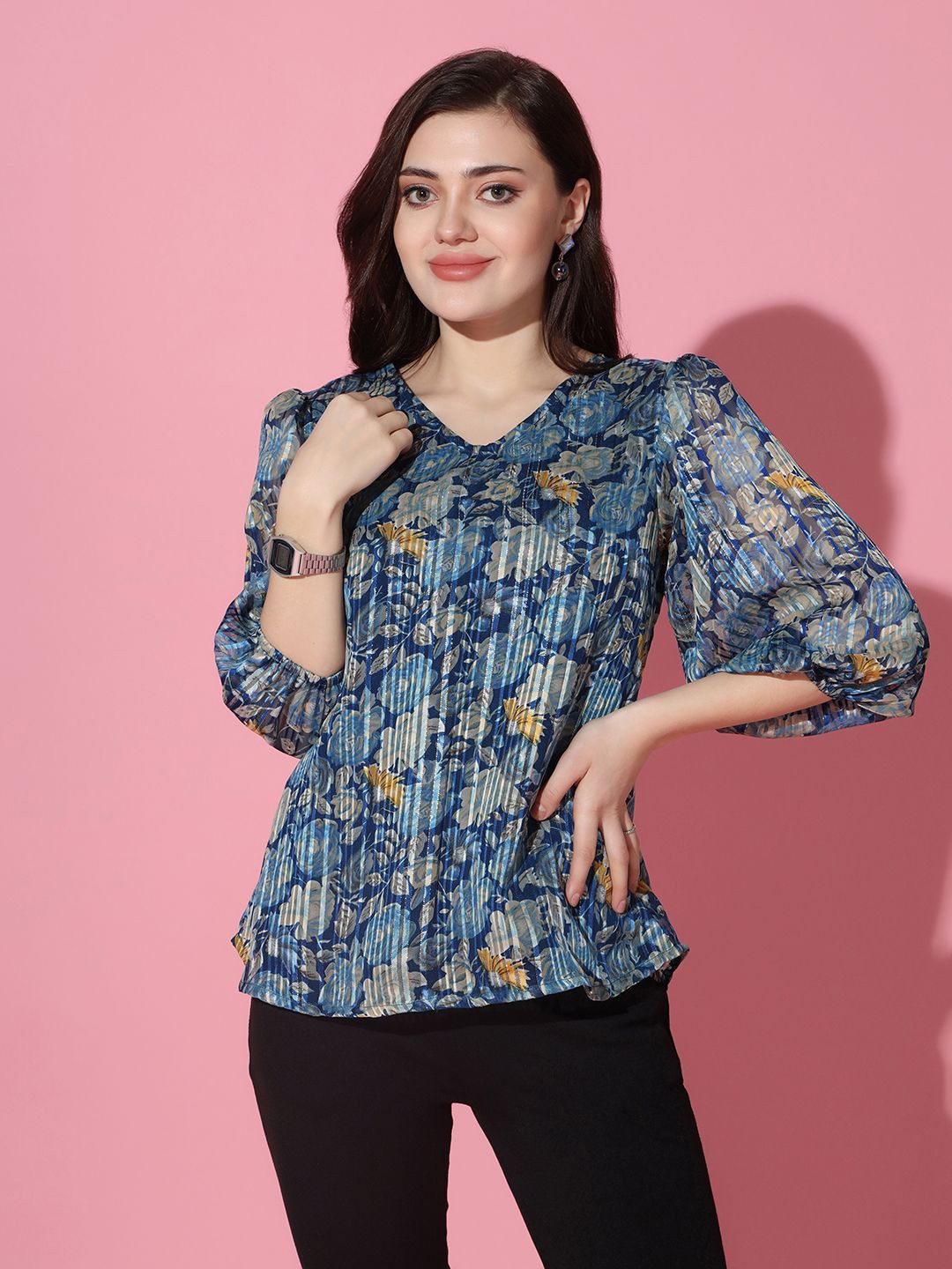 

BAESD Floral Print Puff Sleeve Georgette Peplum Top, Blue