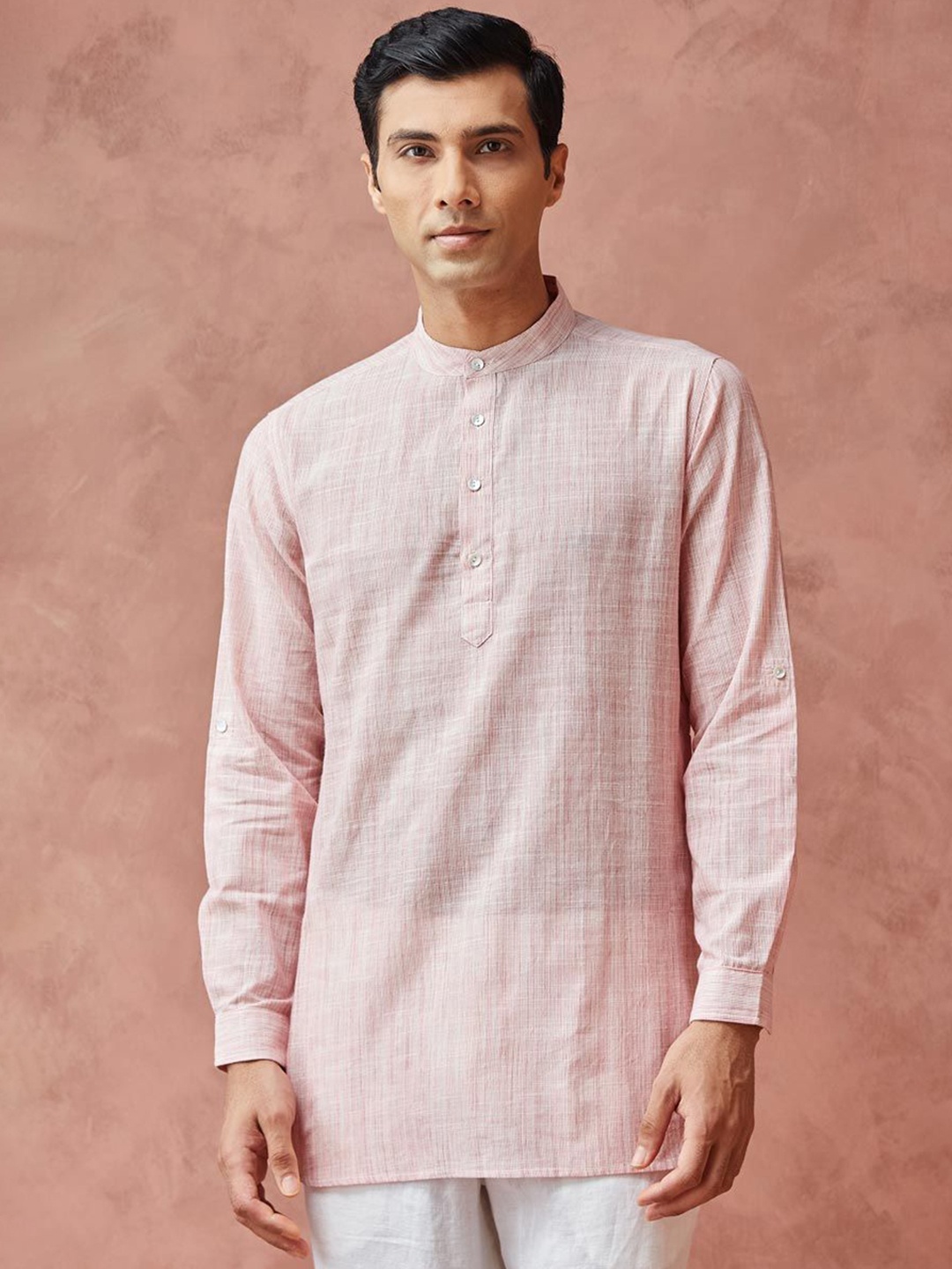 

Fabindia Slim Fit Band Collar Cotton Straight Kurta, Pink