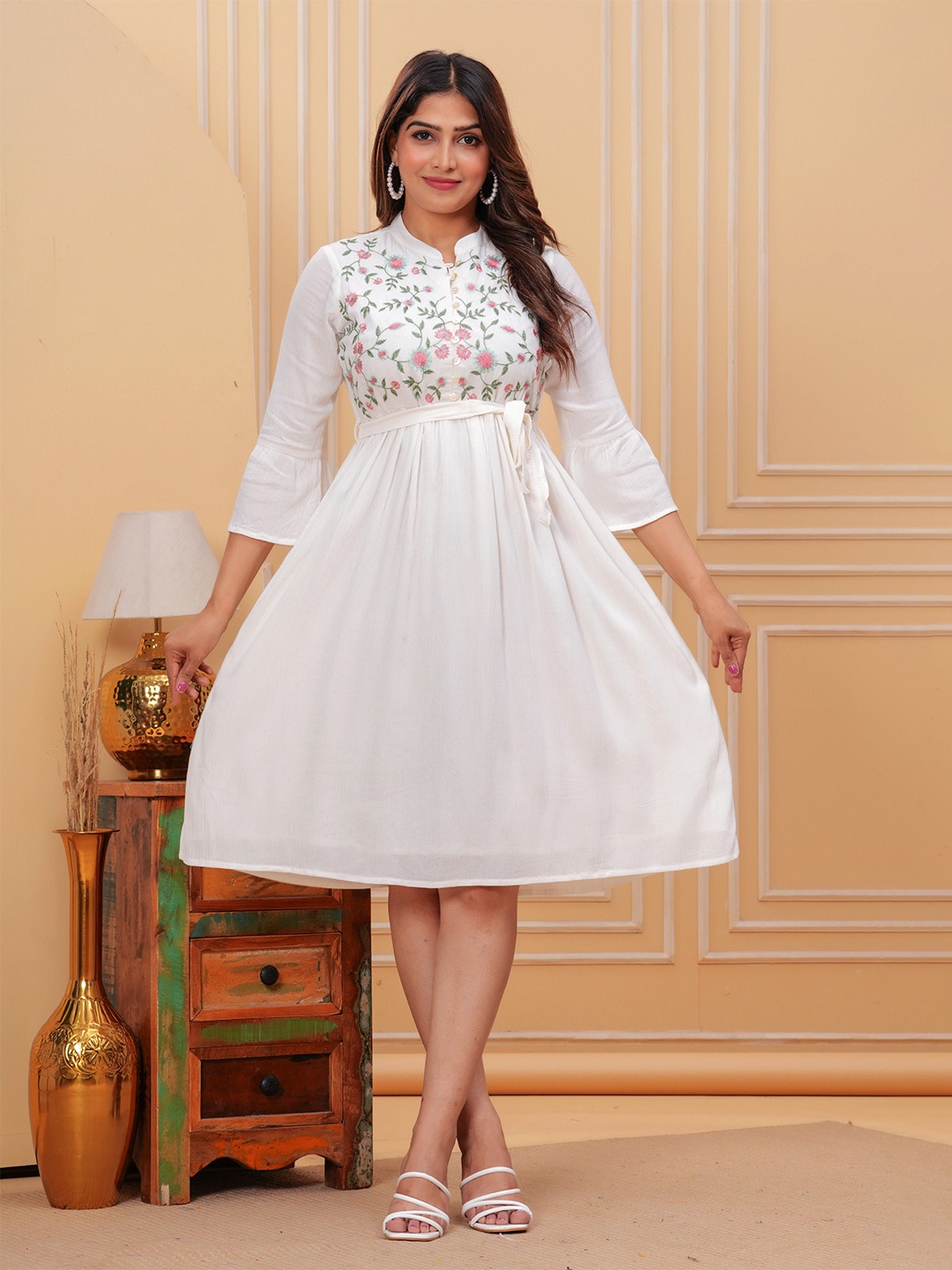 

SIDDHANAM Floral Embroidered Fit & Flare Dress, White