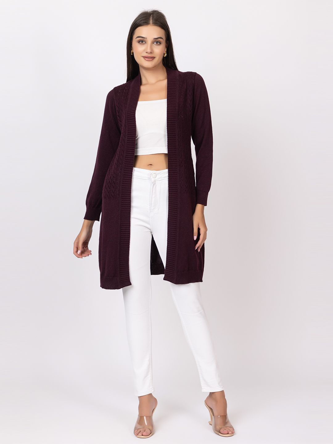 

Anouk Purple Self Design V-Neck Winter Open Front Longline Shrug