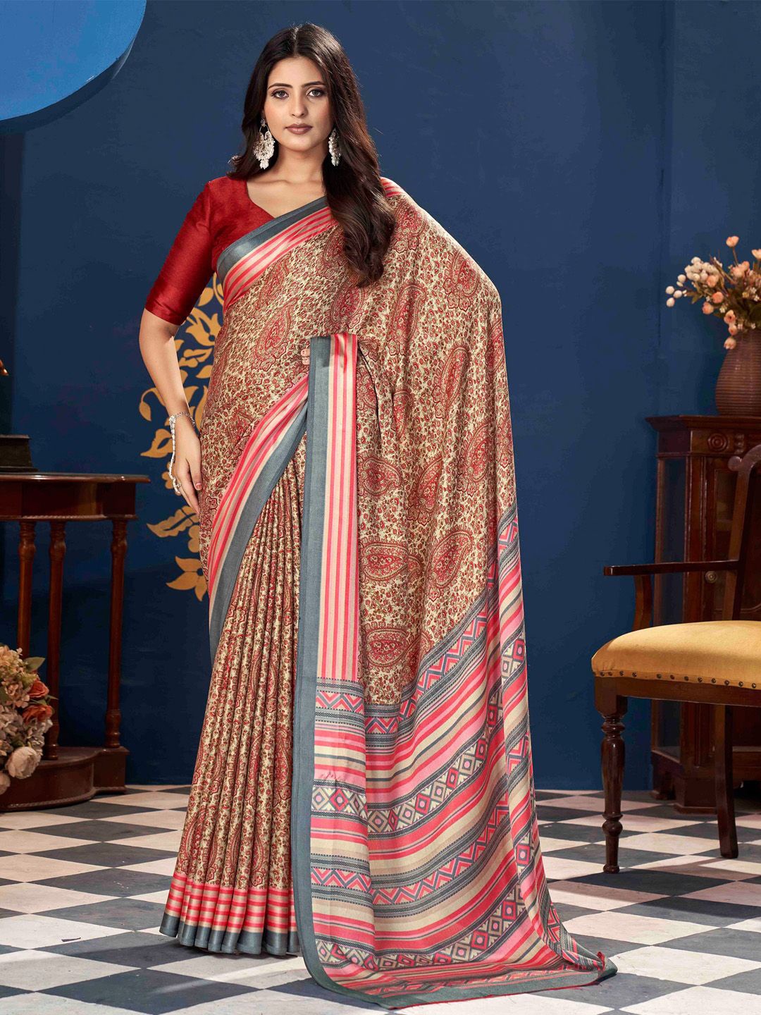 

Saree mall Paisley Silk Blend Dabu Sarees, Beige