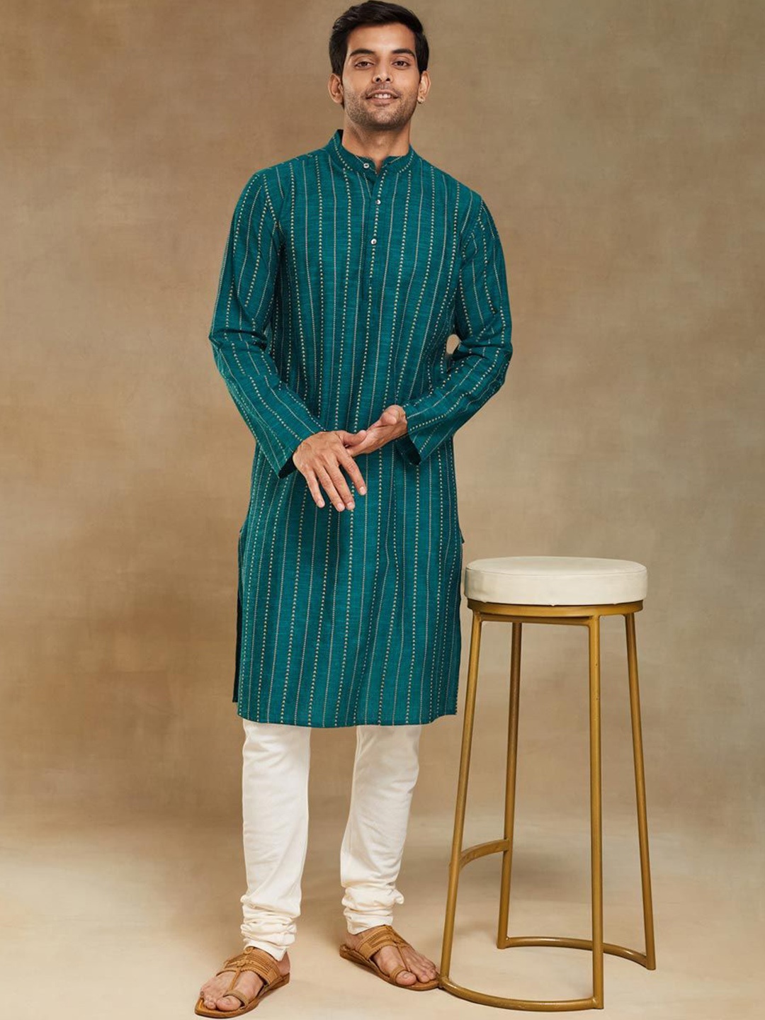 

Fabindia Slim Fit Striped Band Collar Cotton Straight Kurta, Green