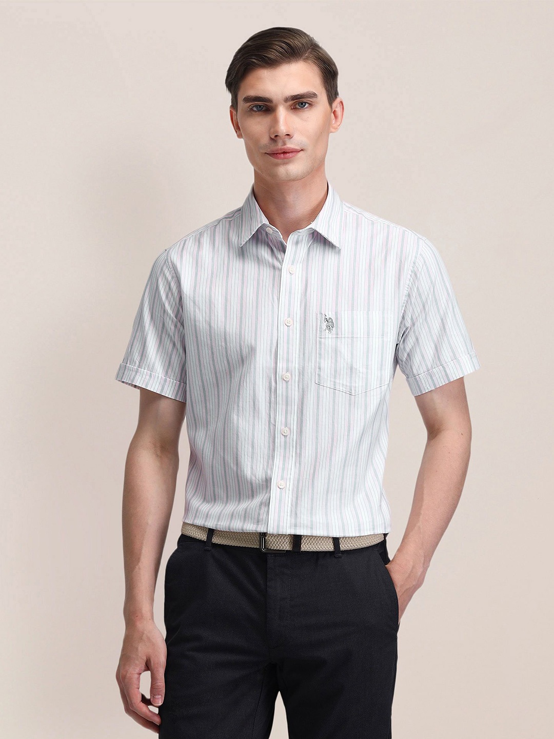 

U.S. Polo Assn. Men Classic Spread Collar Striped Cotton Formal Shirt, Pink
