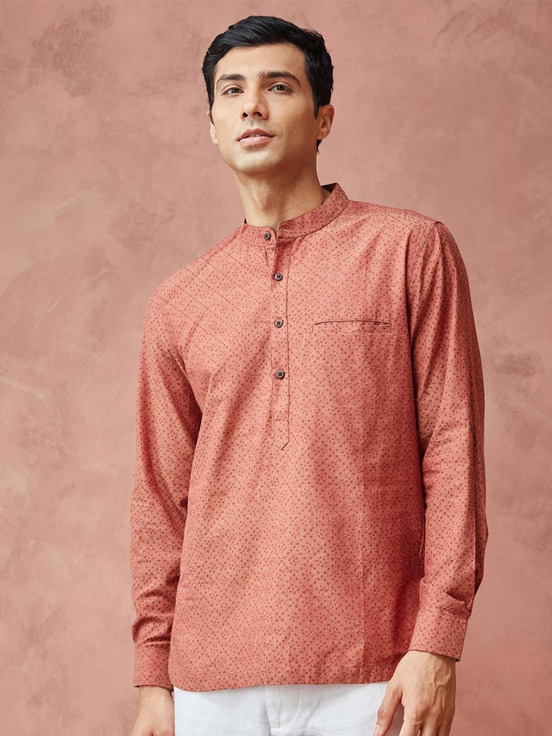

Fabindia Men Band Collar Ethnic Printed Cotton Slim Fit Casual Shirt, Orange