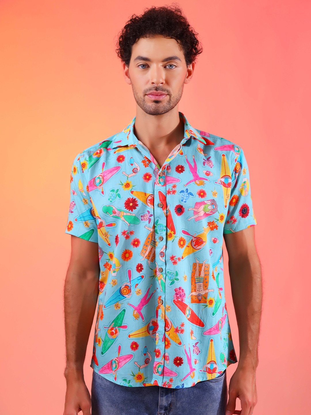 

DALCHINII Men Relaxed Cutaway Collar Conversational Printed Cotton Casual Shirt, Blue