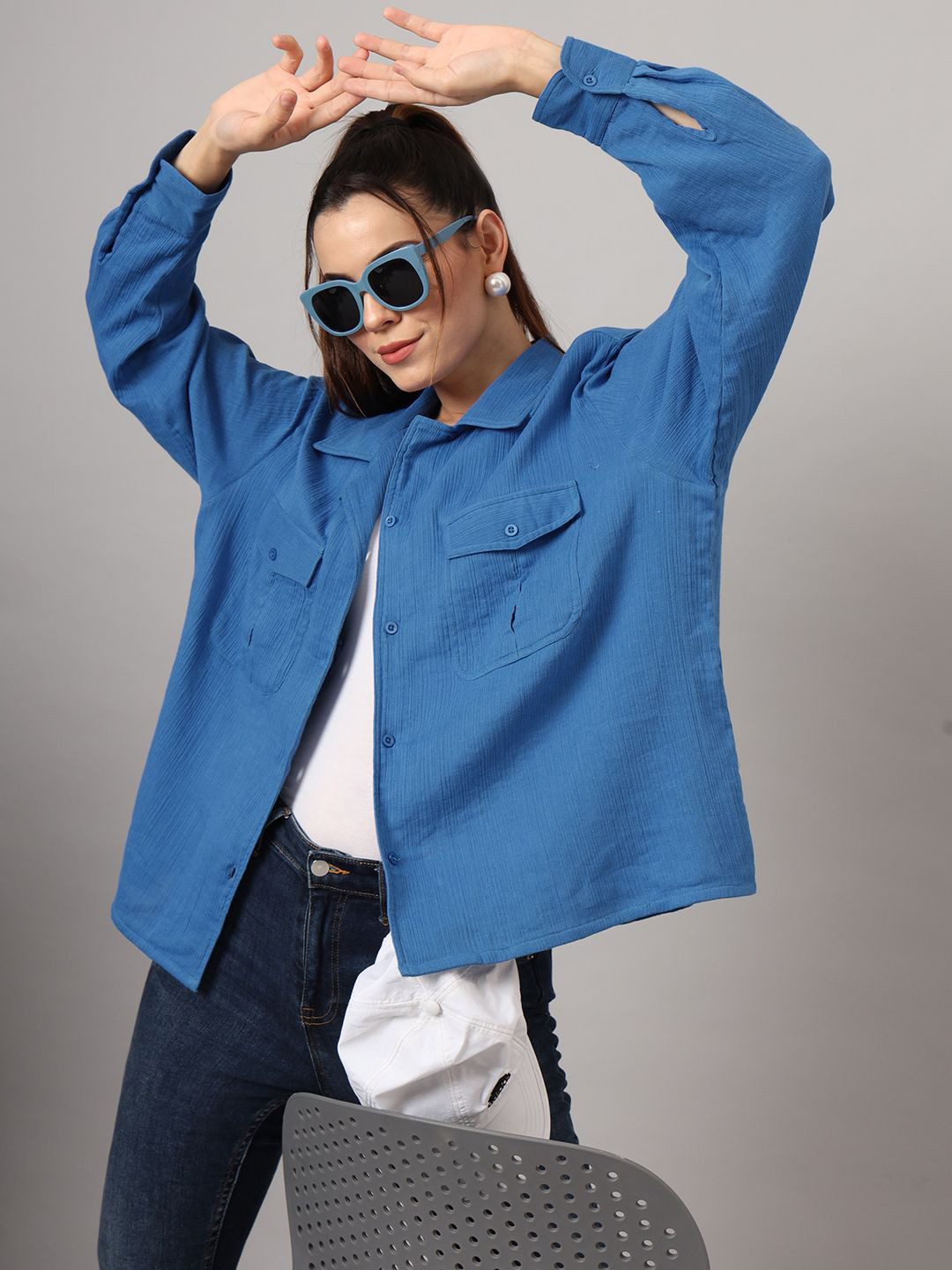 

CHARMGAL Women Classic Cuban Collar Solid Cotton Oversized Casual Shirt, Blue