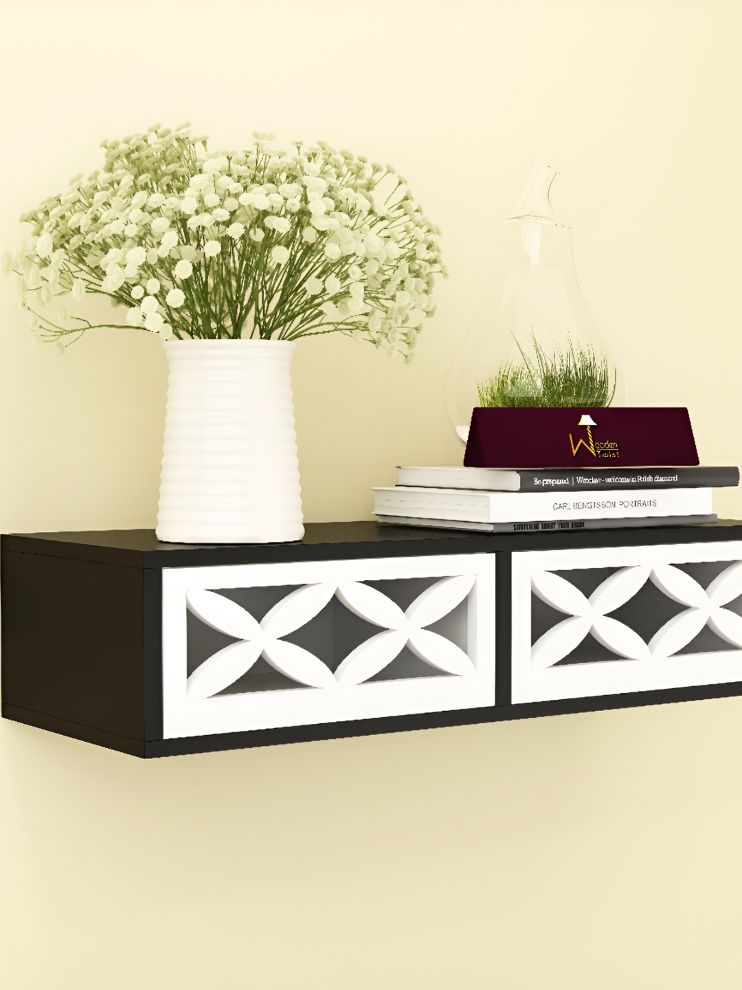 

Wooden Twist Black & White Basic Wall Shelf With Drawer