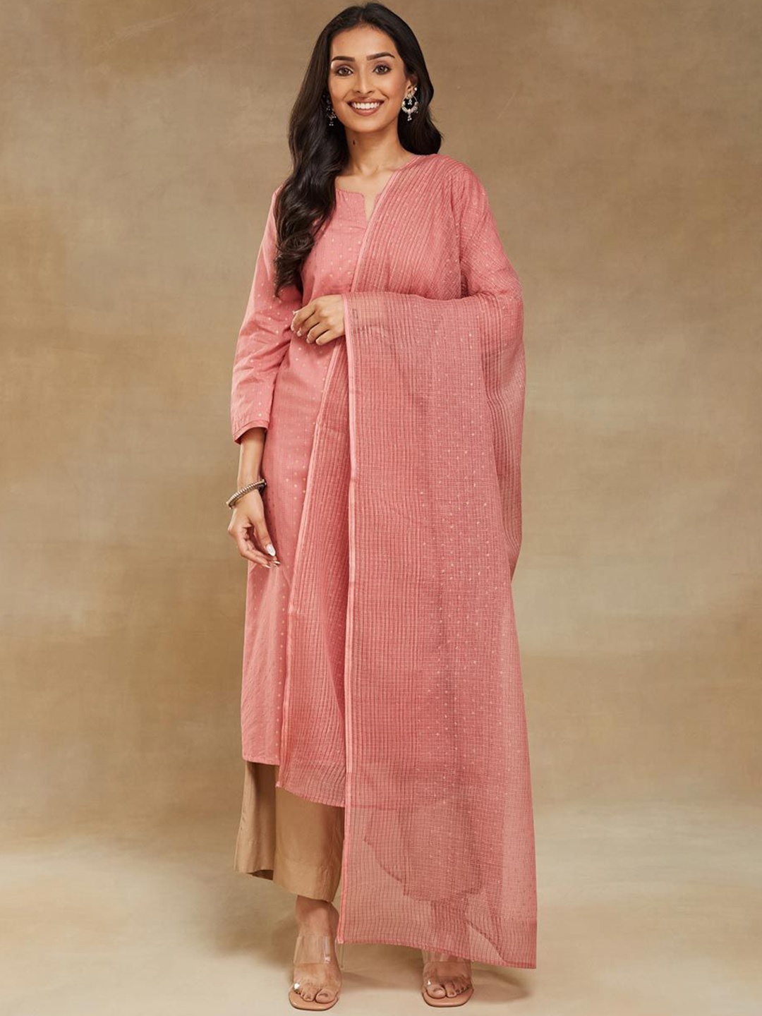 

Fabindia Floral Woven Design Cotton Straight Kurta With Dupatta, Pink