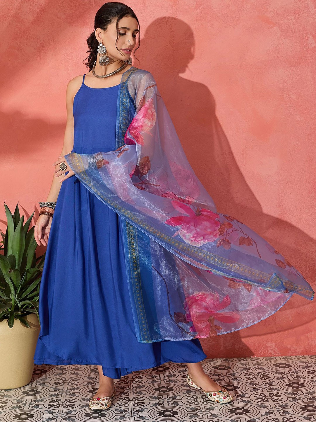 

InWeave Shoulder Straps Anarkali Kurta With Palazzos & Dupatta, Blue