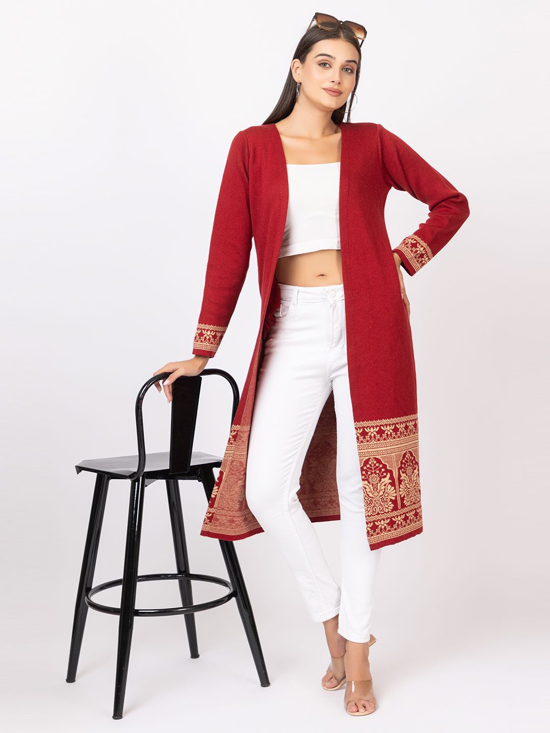 

Anouk Maroon Ethnic Motifs Printed V-Neck Winter Open Front Longline Shrug