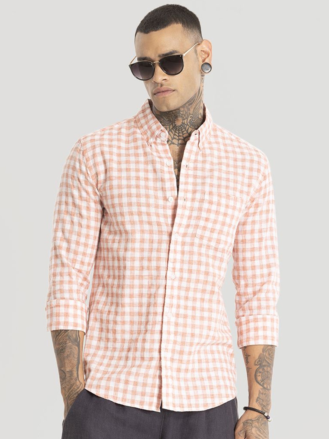 

Snitch Men Smart Button-Down Collar Gingham Checked Linen Slim Fit Casual Shirt, Peach