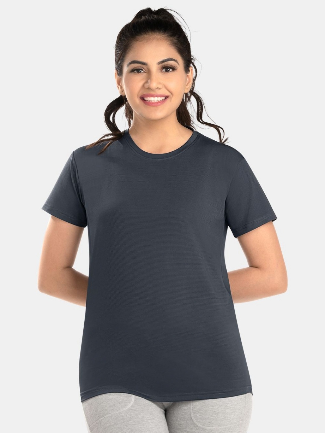 

Dermawear Women Solid Round Neck T-Shirt, Grey
