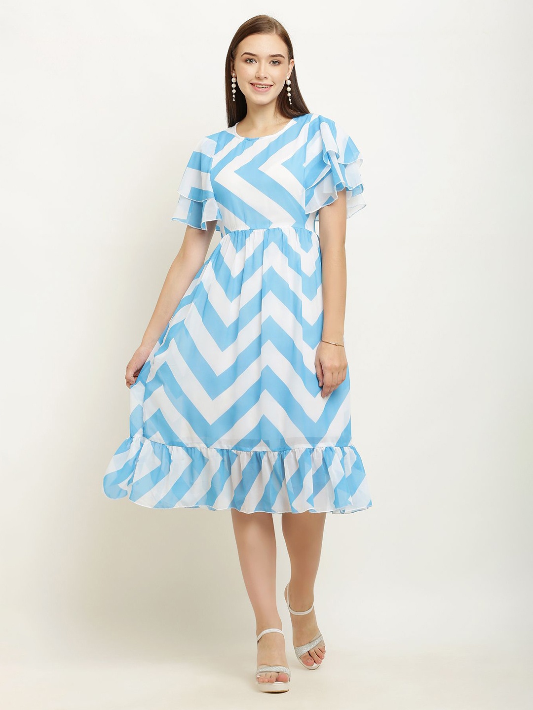 

BAESD Flared Sleeve Chiffon Geometric A-Line Dress, Blue