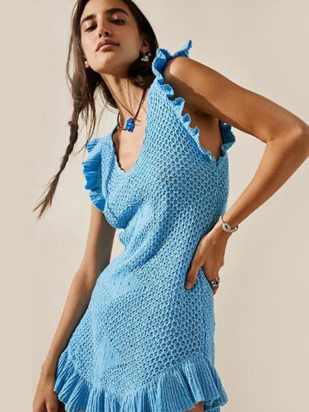 

StyleCast Polka Flutter Sleeve Georgette A-Line Mini Dress For Women's, Blue