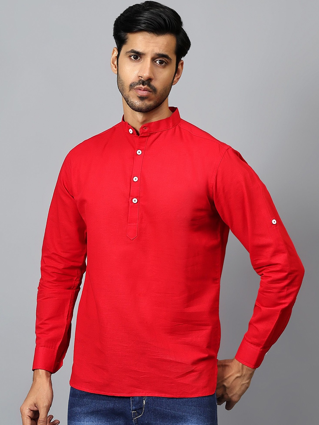 

Yugnik Mandarin Collar Roll-Up Sleeves Pure Cotton Short Kurta, Red