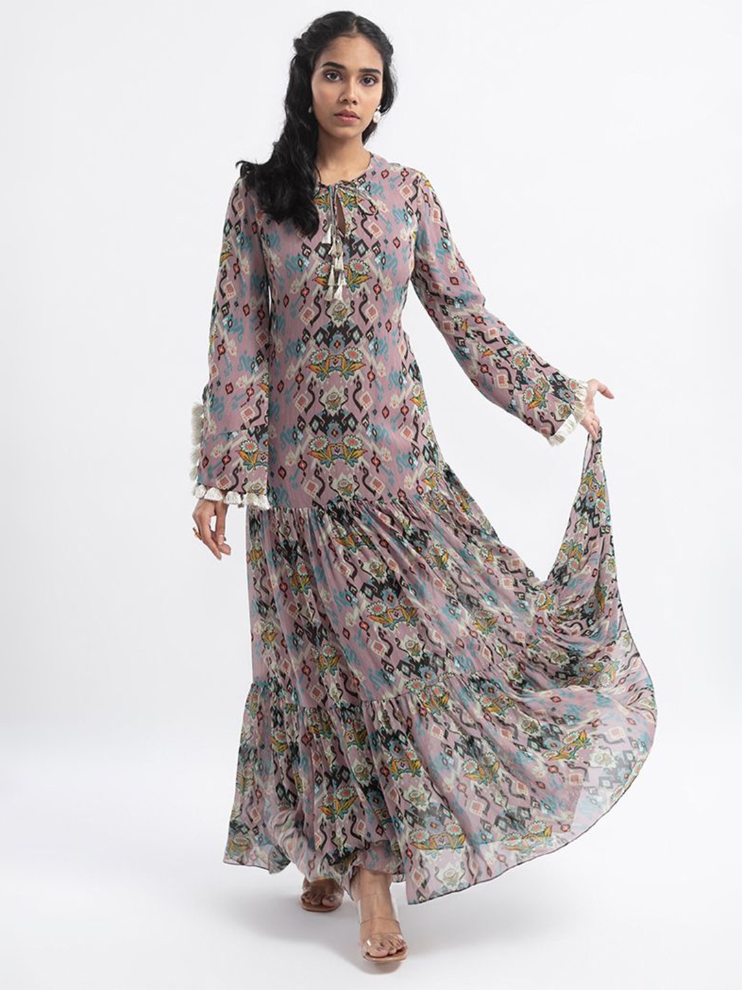 

PS PRET BY PAYAL SINGHAL Bell Sleeve Tassel Detail Tiered Maxi Dress, Pink
