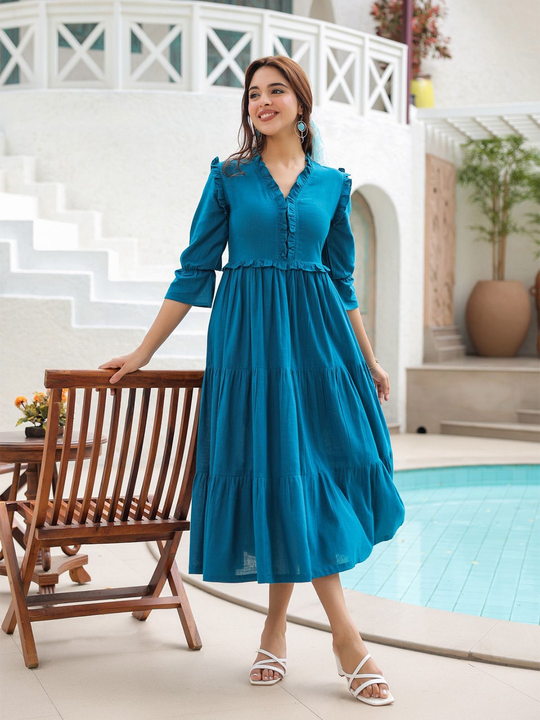 

Rain & Rainbow Tiered Pure Cotton Fit & Flare Midi Dress, Turquoise blue