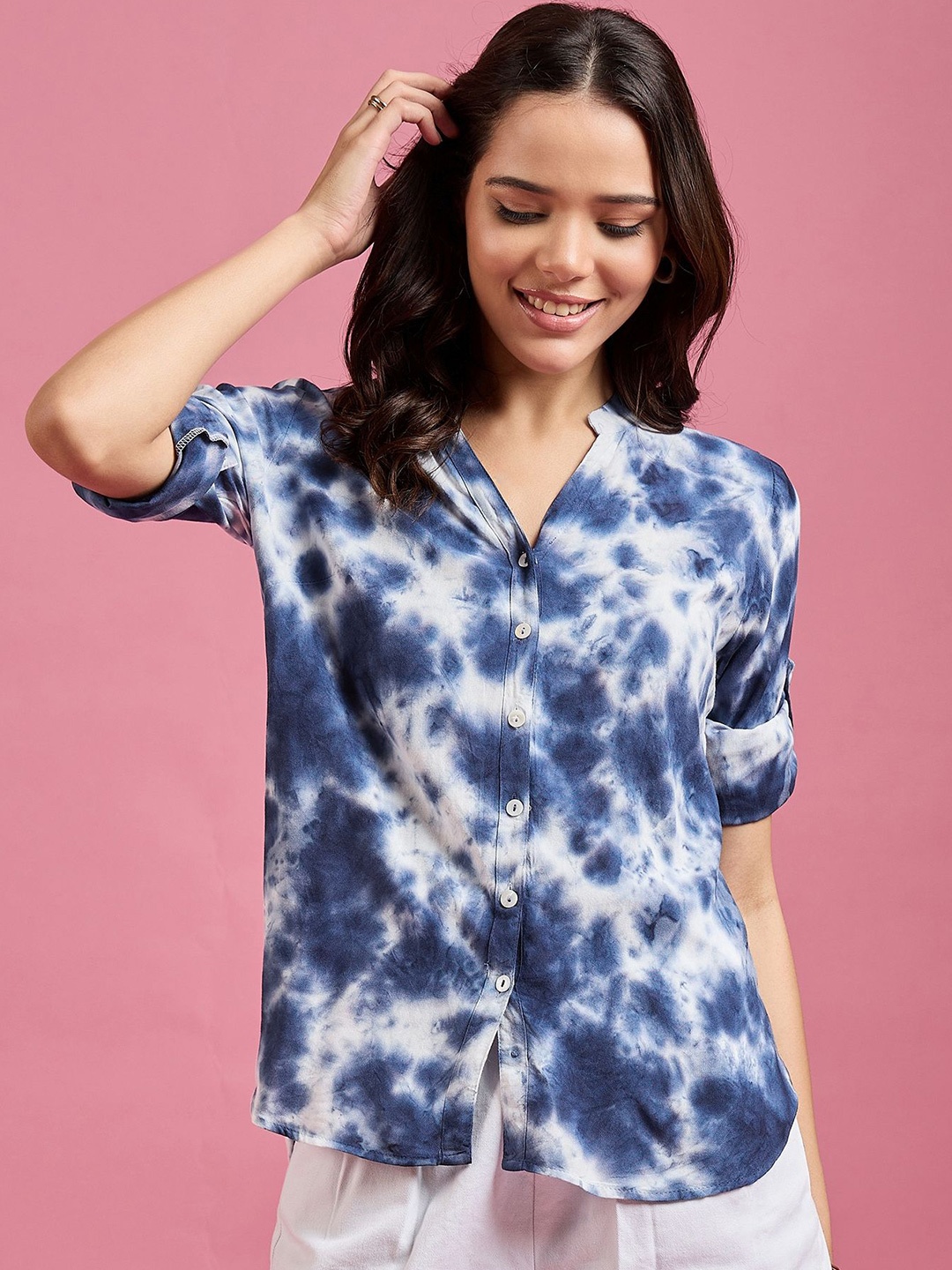 

DressBerry Women Classic Mandarin Collar Dyed Casual Shirt, Blue