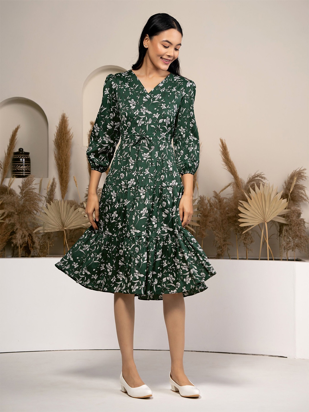 

DressBerry Floral Print Puff Sleeve Crepe Fit & Flare Dress, Green