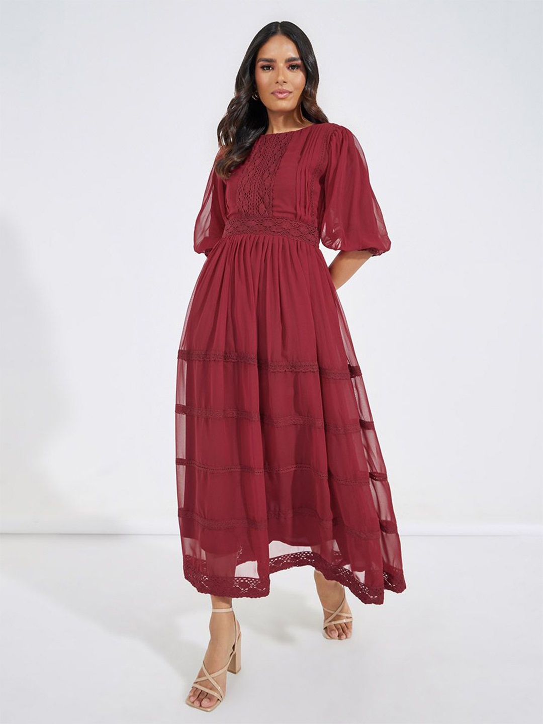 

Styli Women A-Line Maxi Dress With Lace Detail, Burgundy